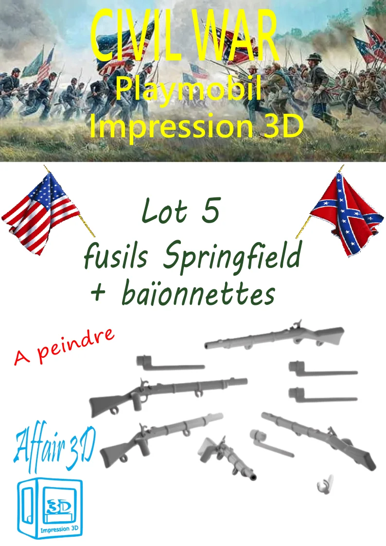 Custom Playmobil ACW en impression 3D - Lot 5 fusils Springfield + baïonnettes