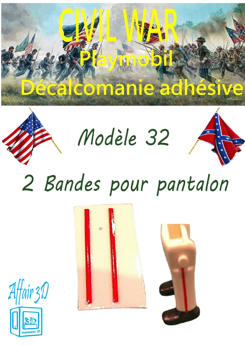Custom Playmobil Décalcomanie adhésive - ACW - 2 bandes galon pantalon rouge N32