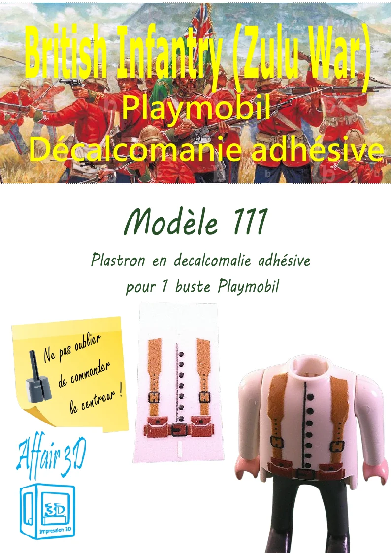 Custom Playmobil Décalcomanie adhésive - War British Zulu - plastron N 111