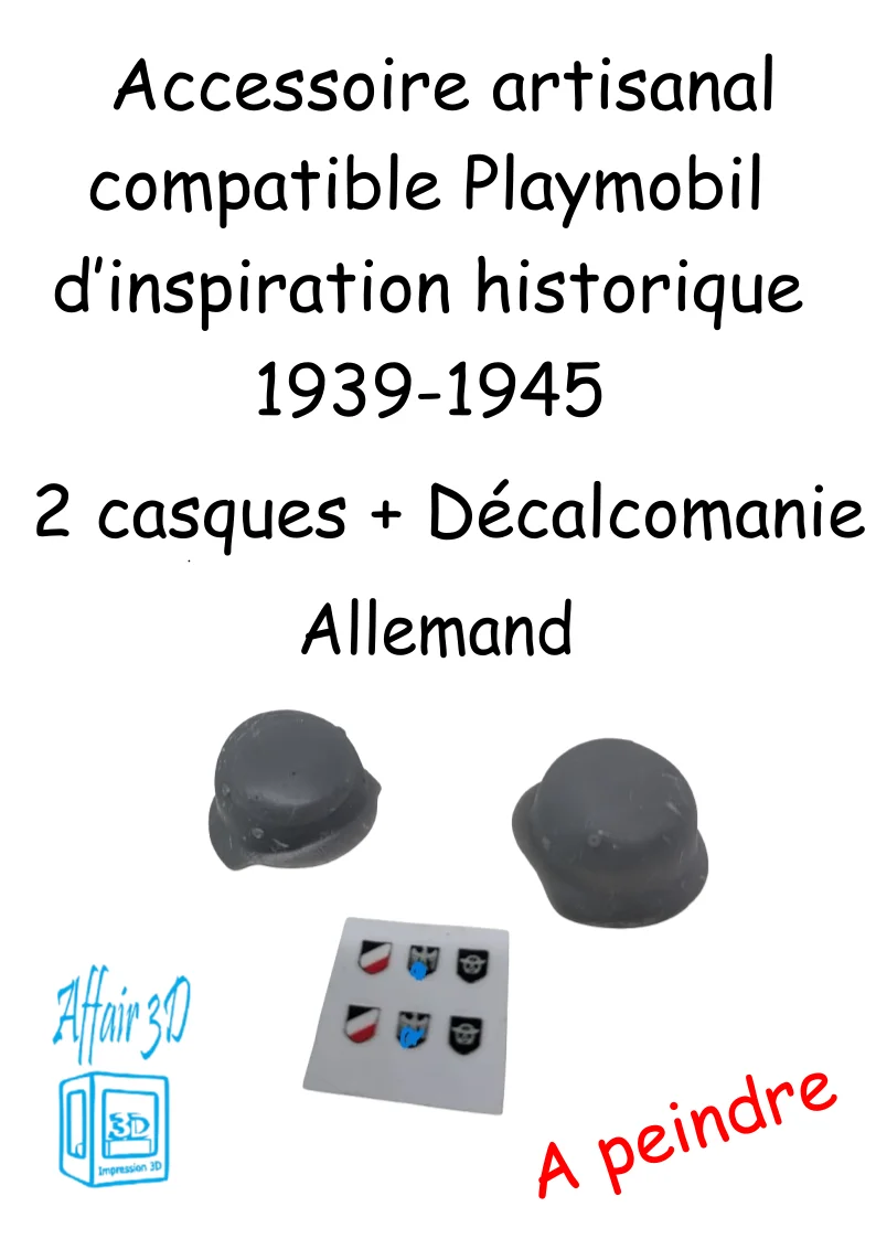 custom WW2 Playmobil (thème historique 39-45) - 2 casque + décalcomanie Allemand