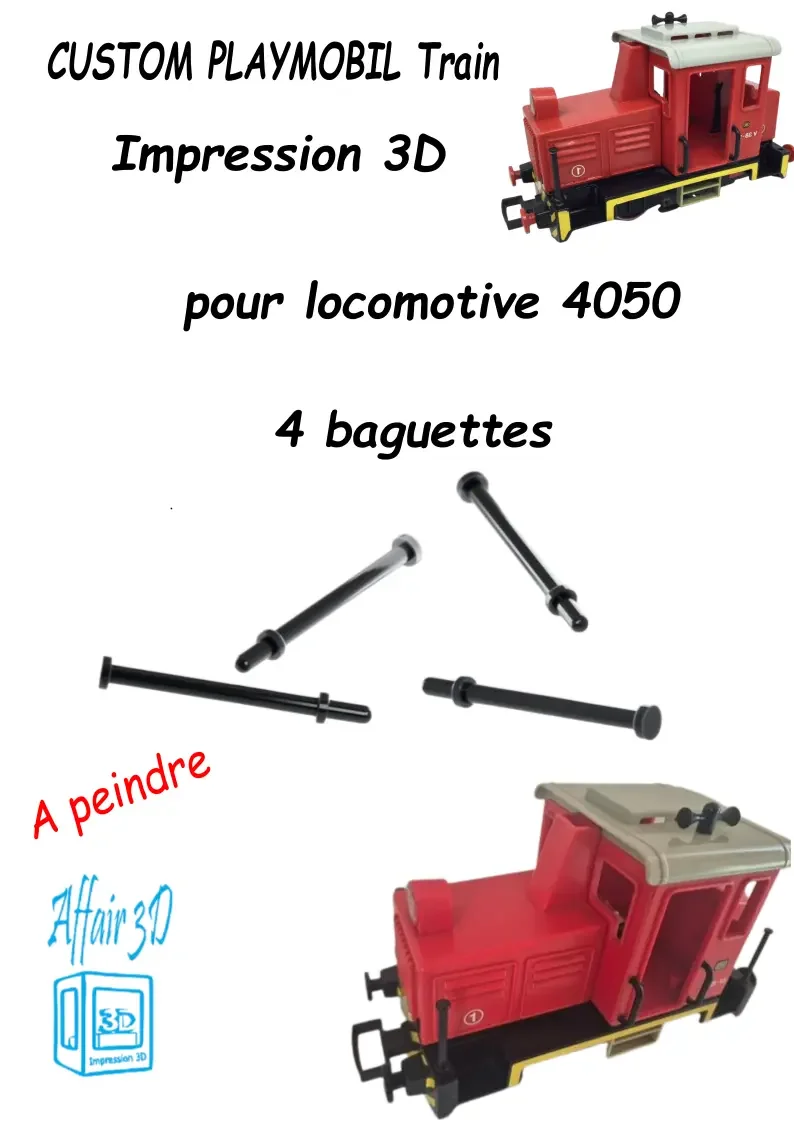 Custom compatible Playmobil train en 3D - 4050 - 4 baguettes noir à peindre