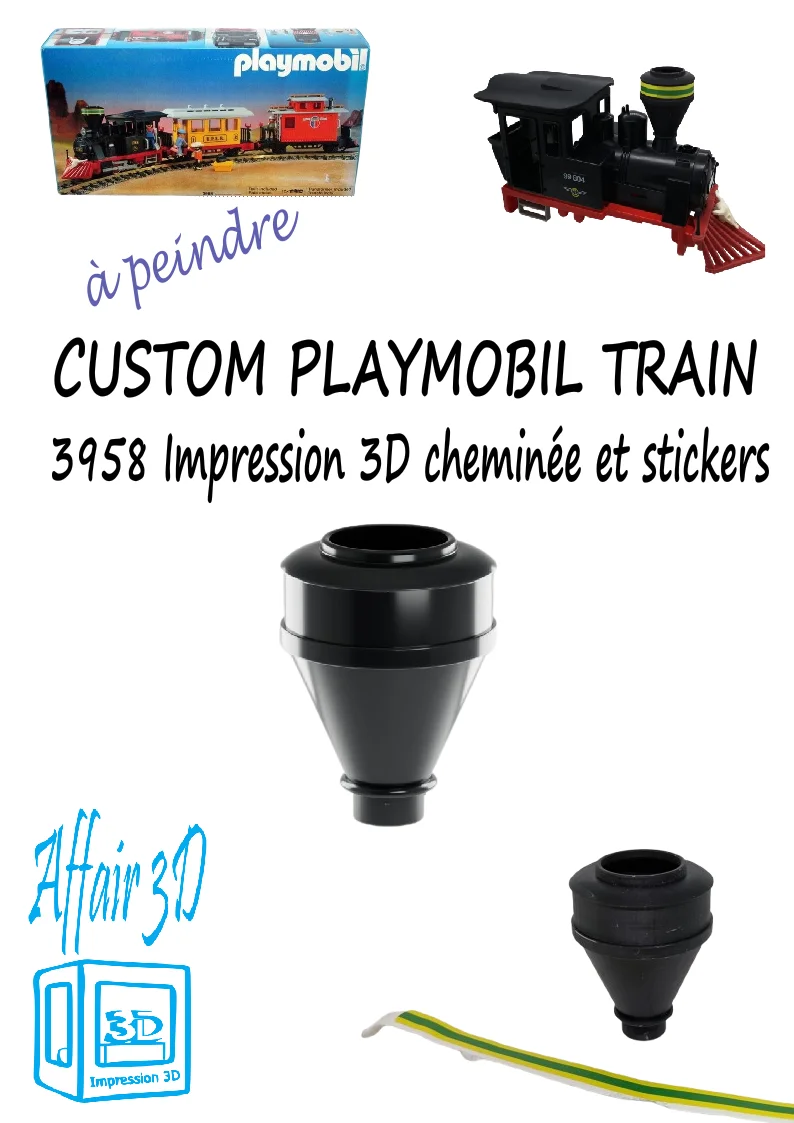 Custom compatible Playmobil train 3D 3958 / 4000 - 1 cheminée + stickers