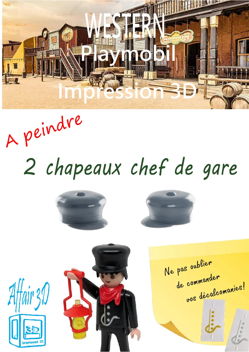 Custom western Playmobil train en 3D - 2 chapeaux chef de gare